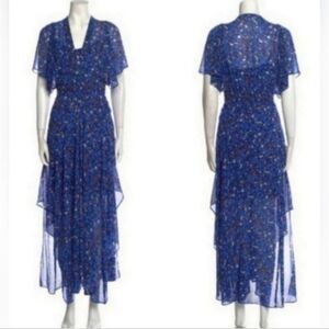 Maje Richelieu Blue Floral Print Long Flutter Sleeve Dress & Slip Small
